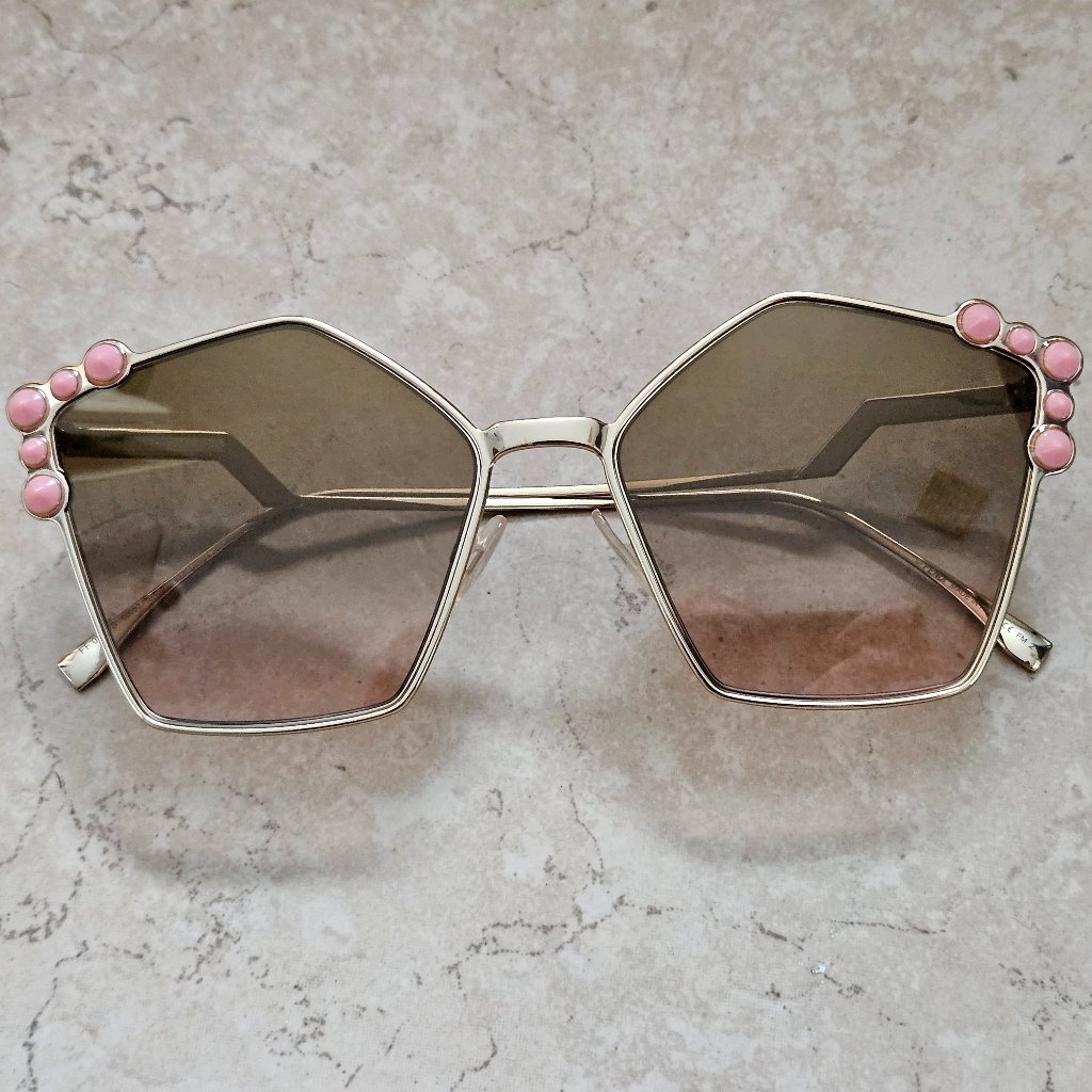 Nwot Fendi Geometric Pentagon Italy Metal Pink Crystal Oversized Sunglasses